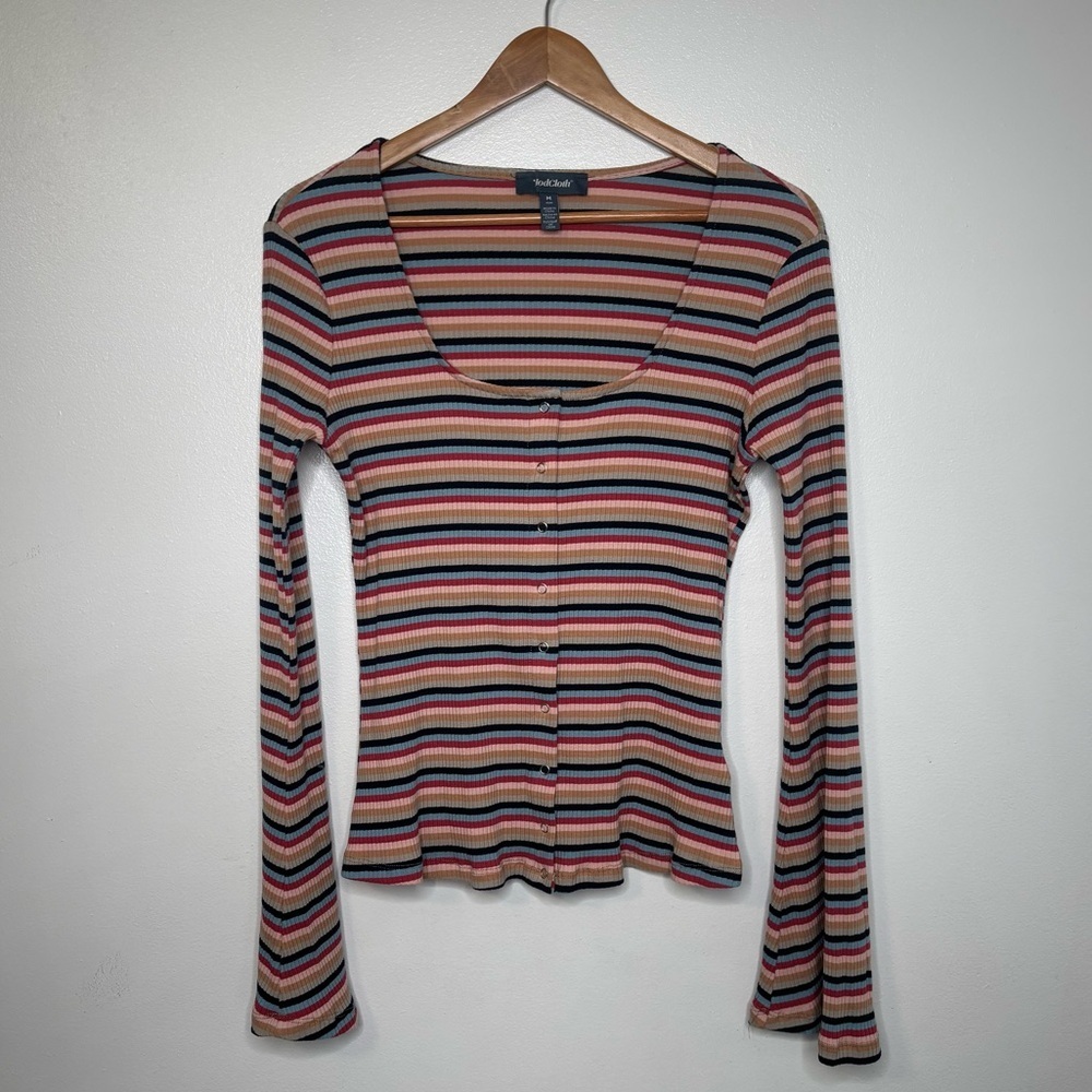 ModCloth Lost In Love Bell Sleeve Top Striped Long Sleeve Button Front Medium